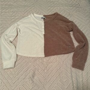 Split Color Cropped Long Sleeve Button-Up Sweater